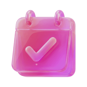A calendar with a check, a pink glass 3D object from Setters
