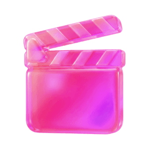 A clapperboard, a pink glass 3D object from Setters