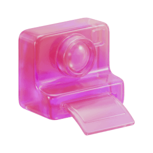 An instant camera, a pink glass 3D object from Setters