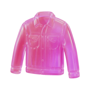 A denim jacket, a pink glass 3D object from Setters