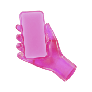 A phone in a hand, a pink glass 3D object from Setters