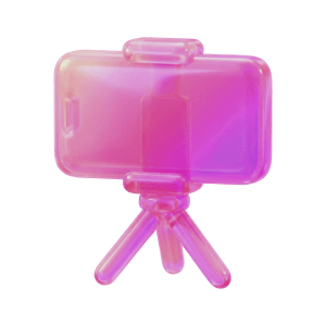 A phone on a tripod, a pink glass 3D object from Setters