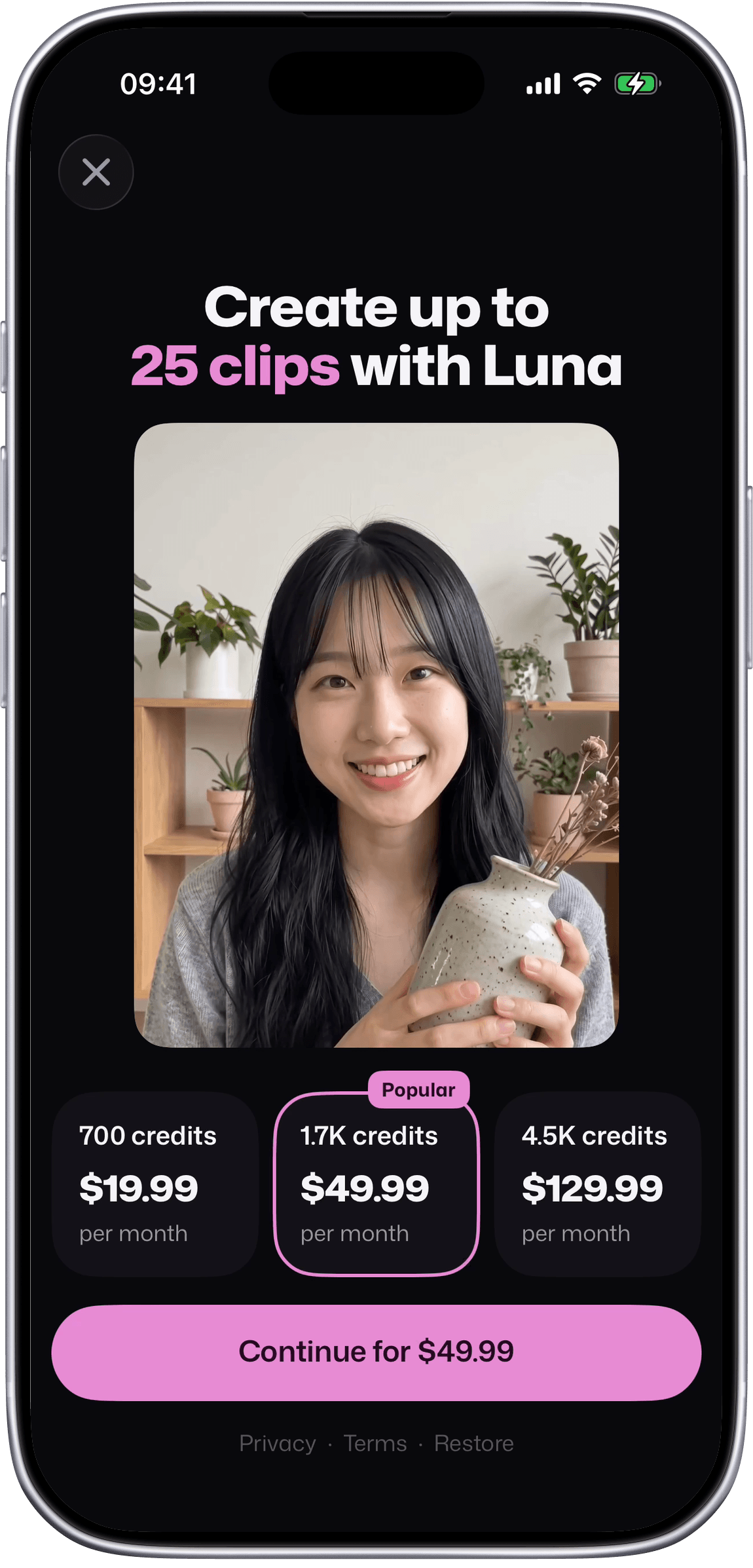 Setters: the paywall with Luna is closed and a sheet rises over Home: you got 60 credits