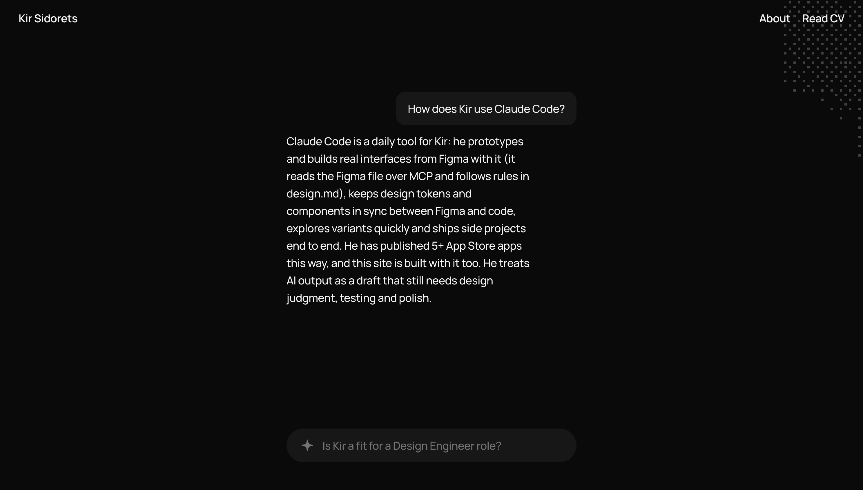 The home page after a question: the title gives way to a conversation with the assistant