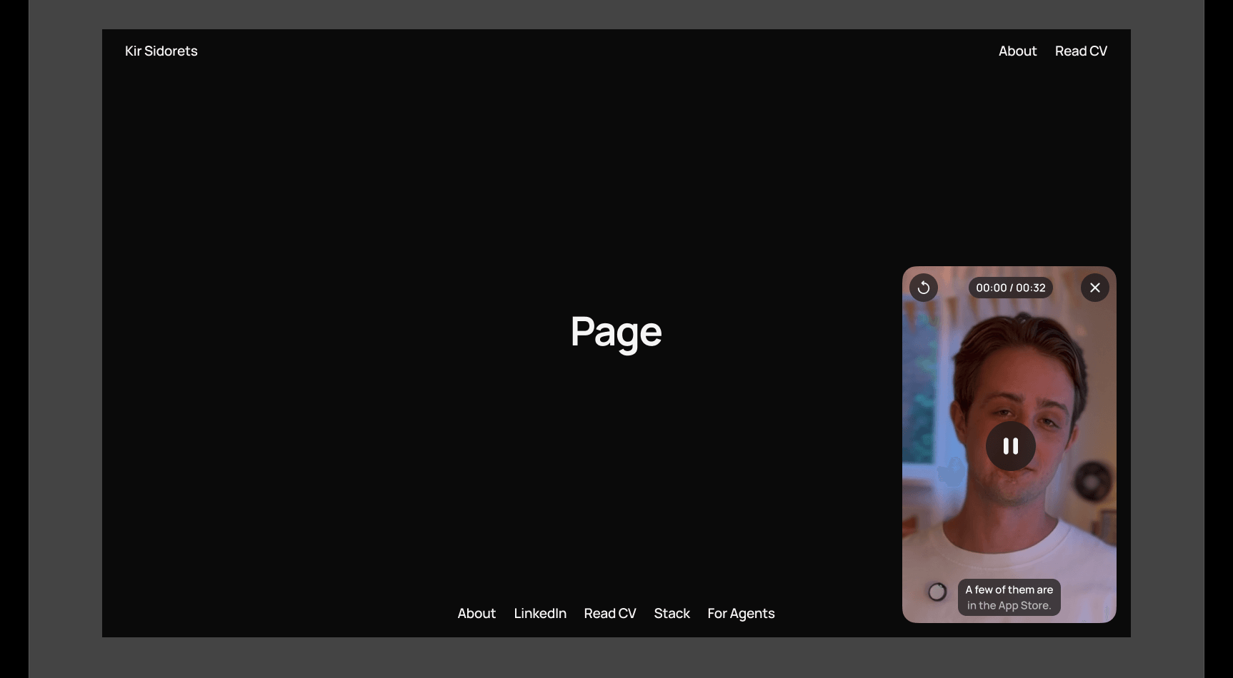 The video widget in Figma: the open player on the page frame, with subtitles and glass controls