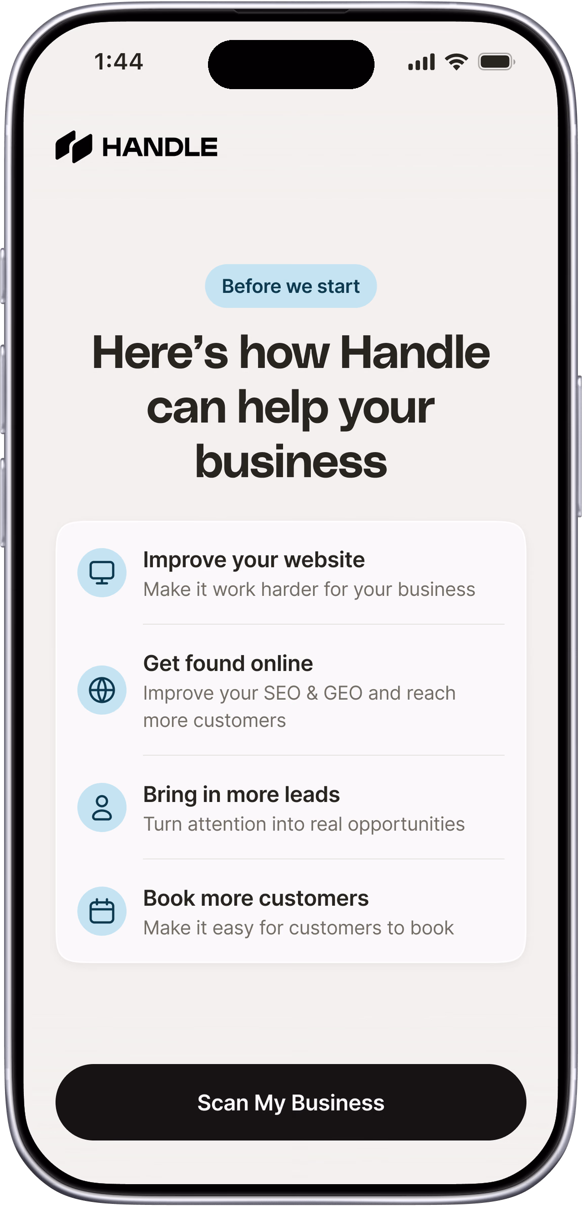 Handle onboarding: here's how Handle can help your business, scan my business