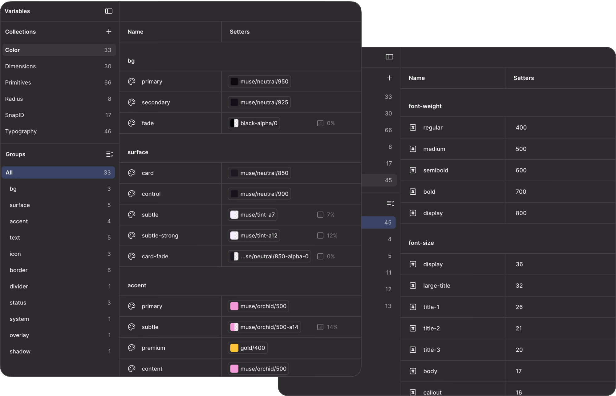 The Setters variables in Figma: the color collection with bg, surface and accent aliased to primitives, and the typography collection with font weights and sizes
