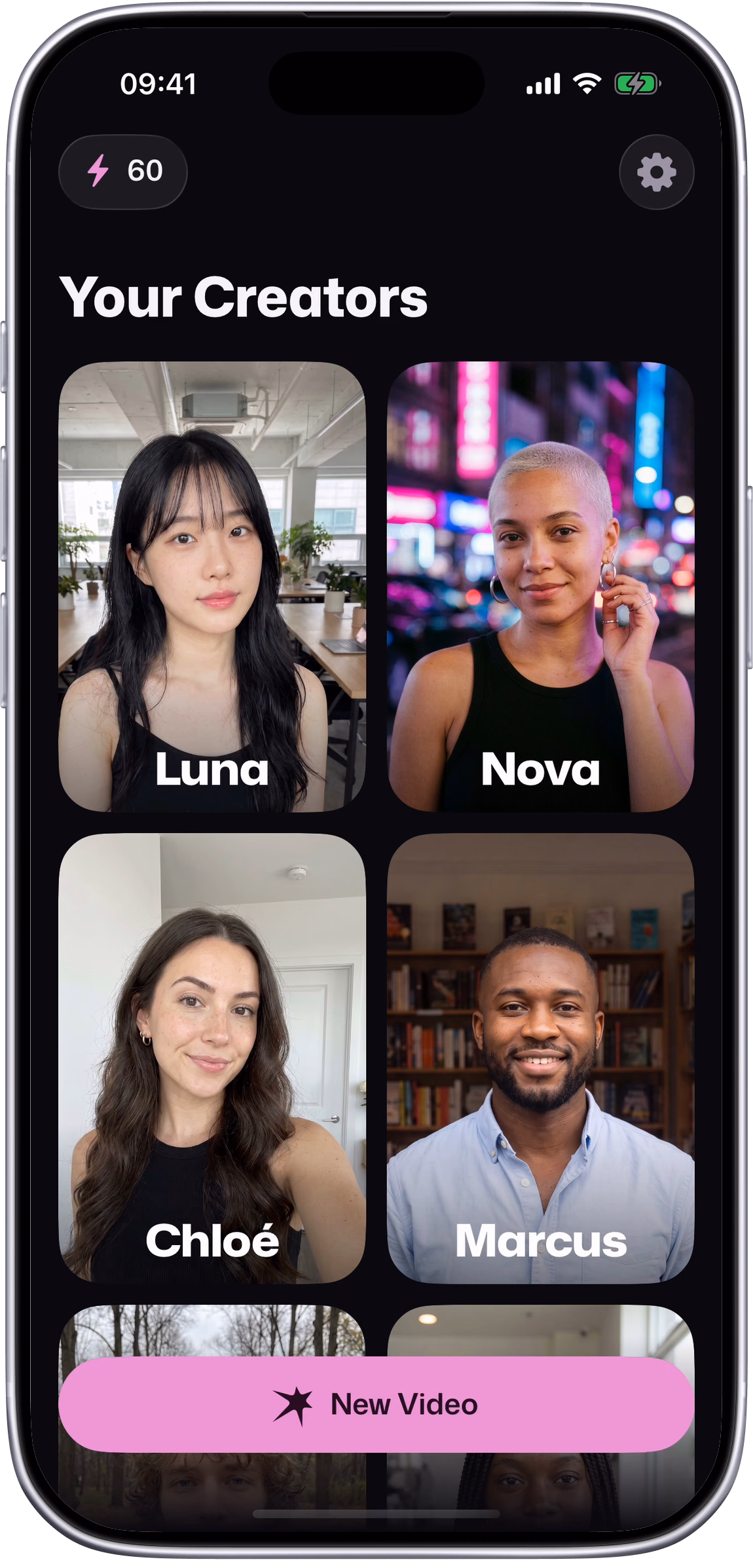Setters: Home scrolls through the eight creators, then opens Luna's and Nova's pages