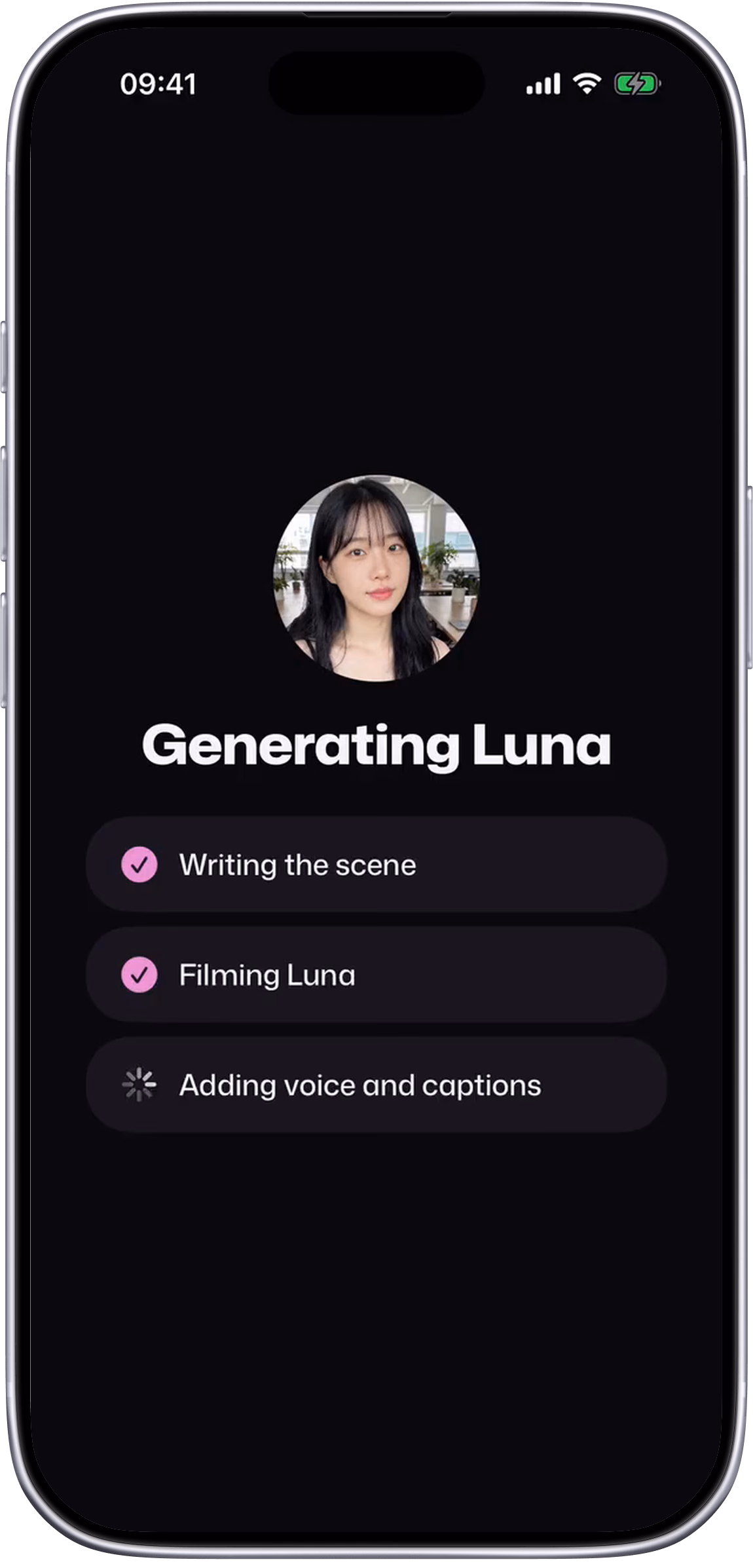 Setters onboarding: generating Luna, then her intro video develops and plays
