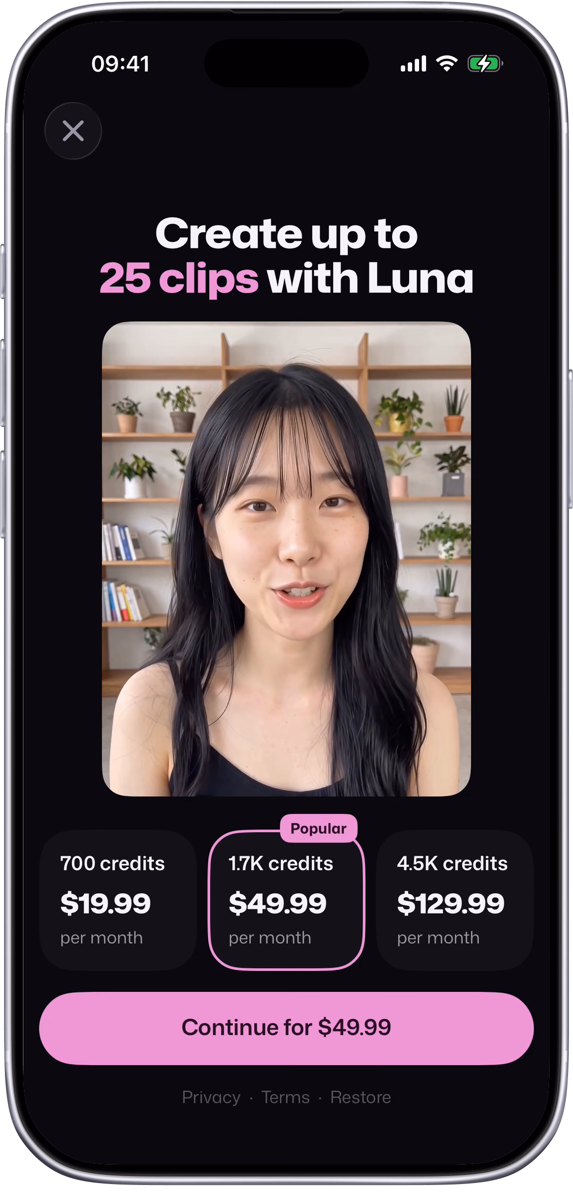 Setters paywall: create up to 25 clips with Luna, her videos playing, the plans switched and back