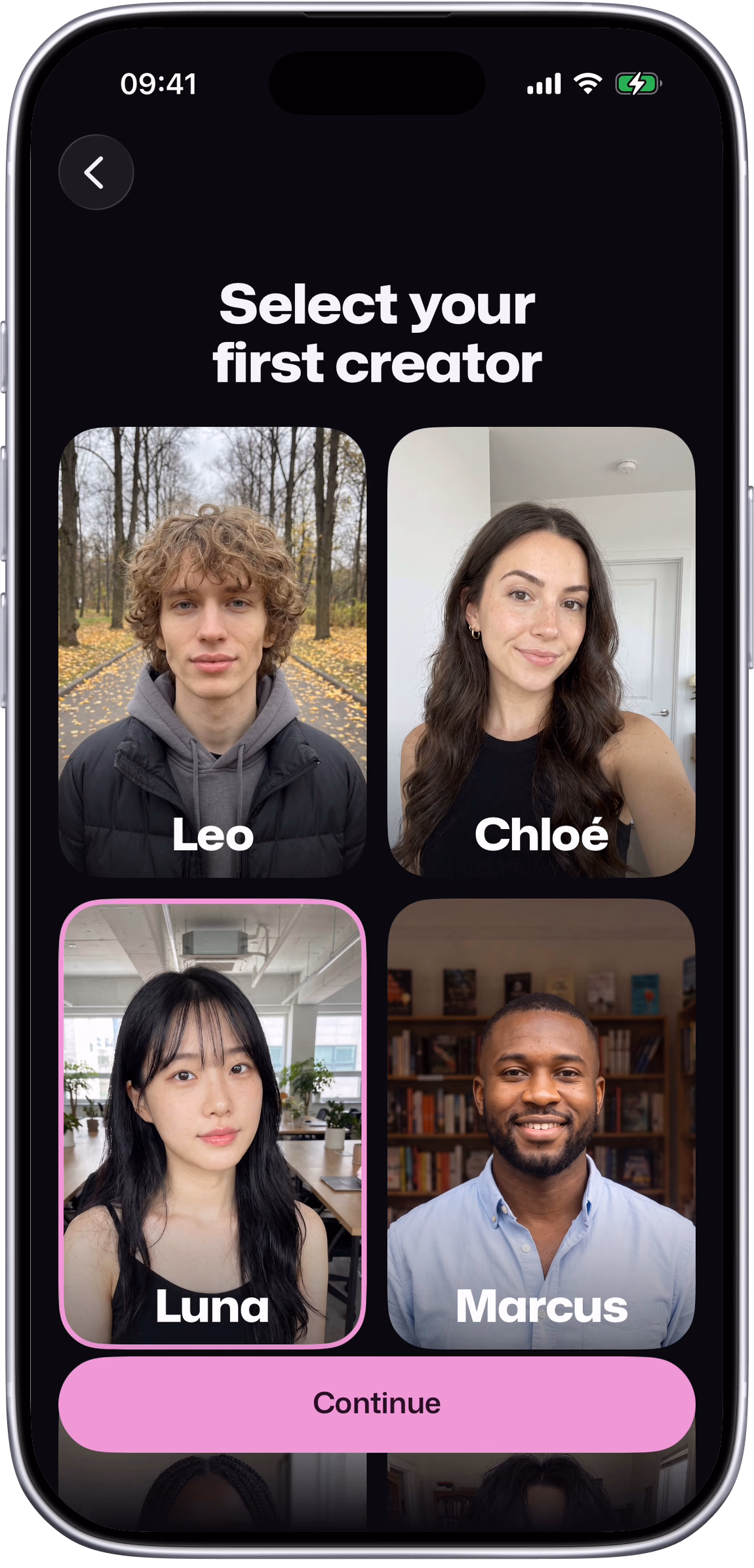 Setters onboarding: select your first creator, Luna picked