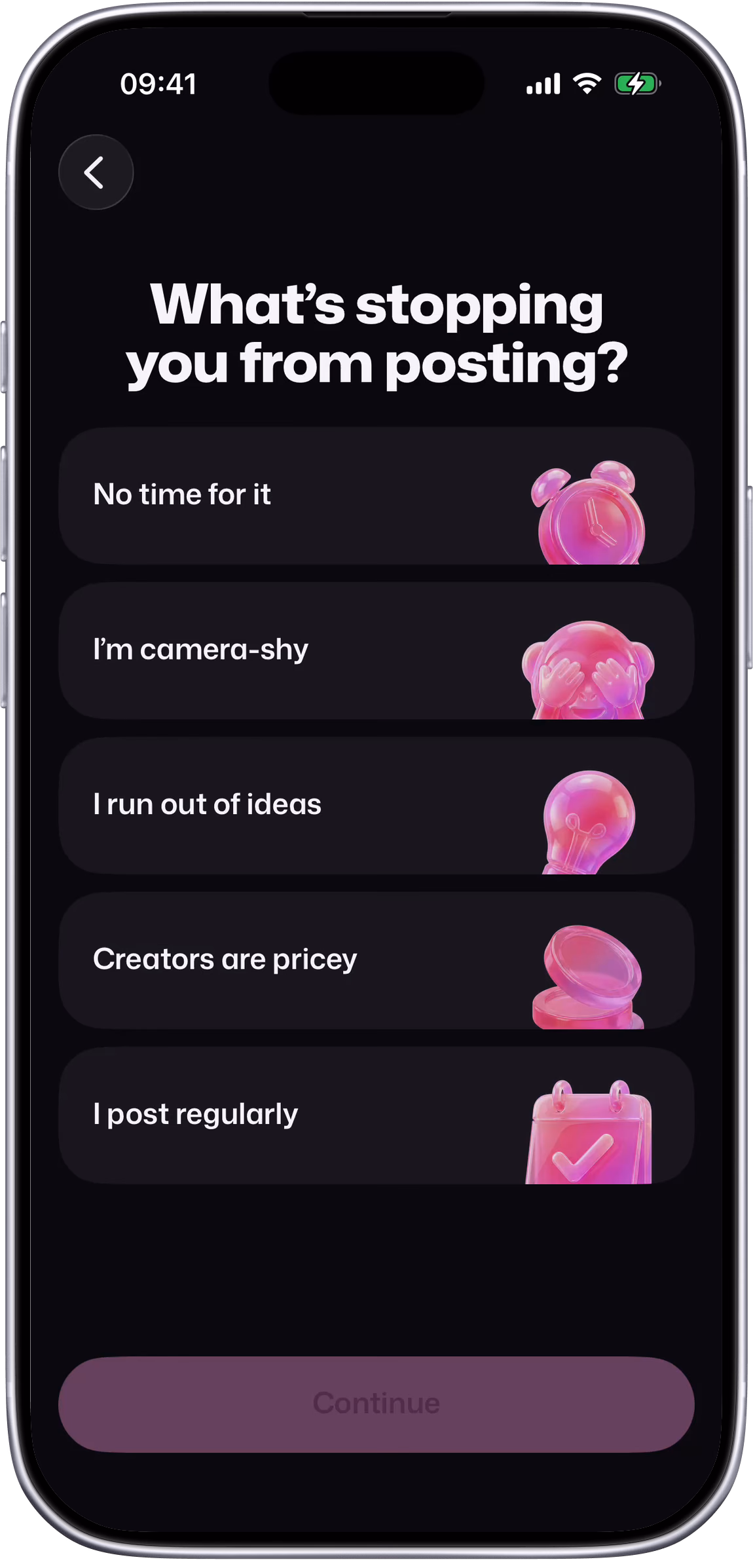 Setters onboarding: what's stopping you from posting, I'm camera-shy picked, Luna will be the face of your brand, then Generate Luna and its steps ticking off