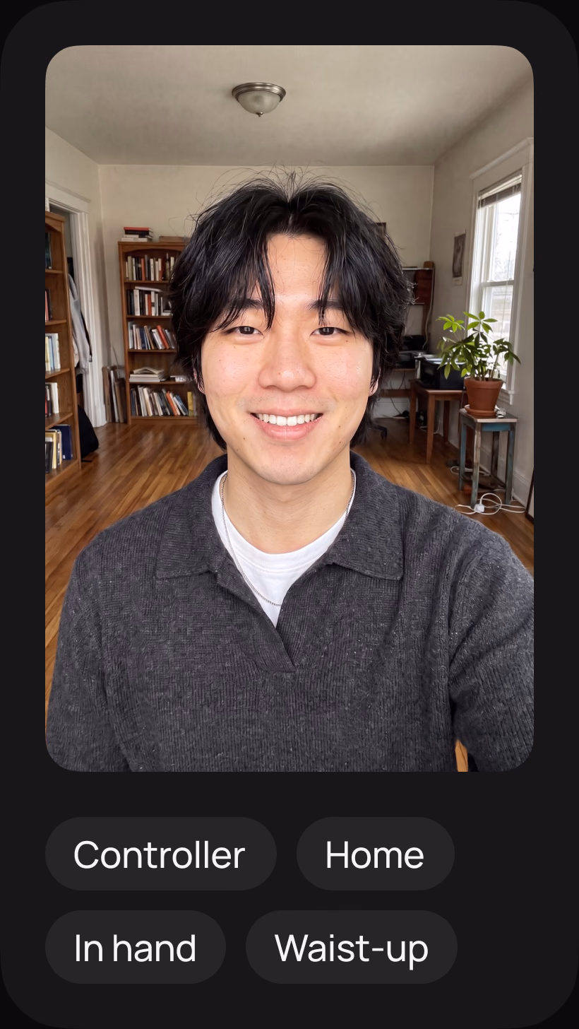 Kai's portrait with the answers: a controller, at home, in hand, waist-up, and the start of his script