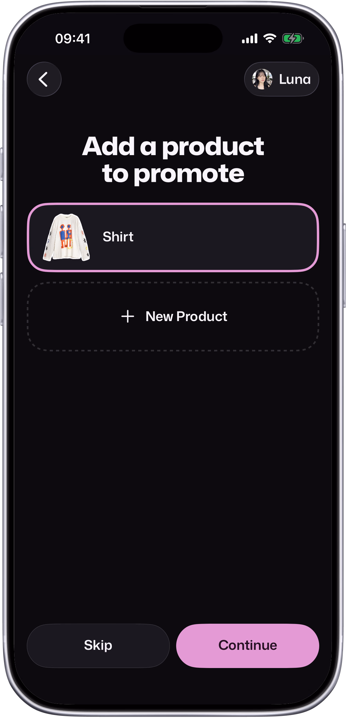 Setters: add a product to promote, a shirt with its photo