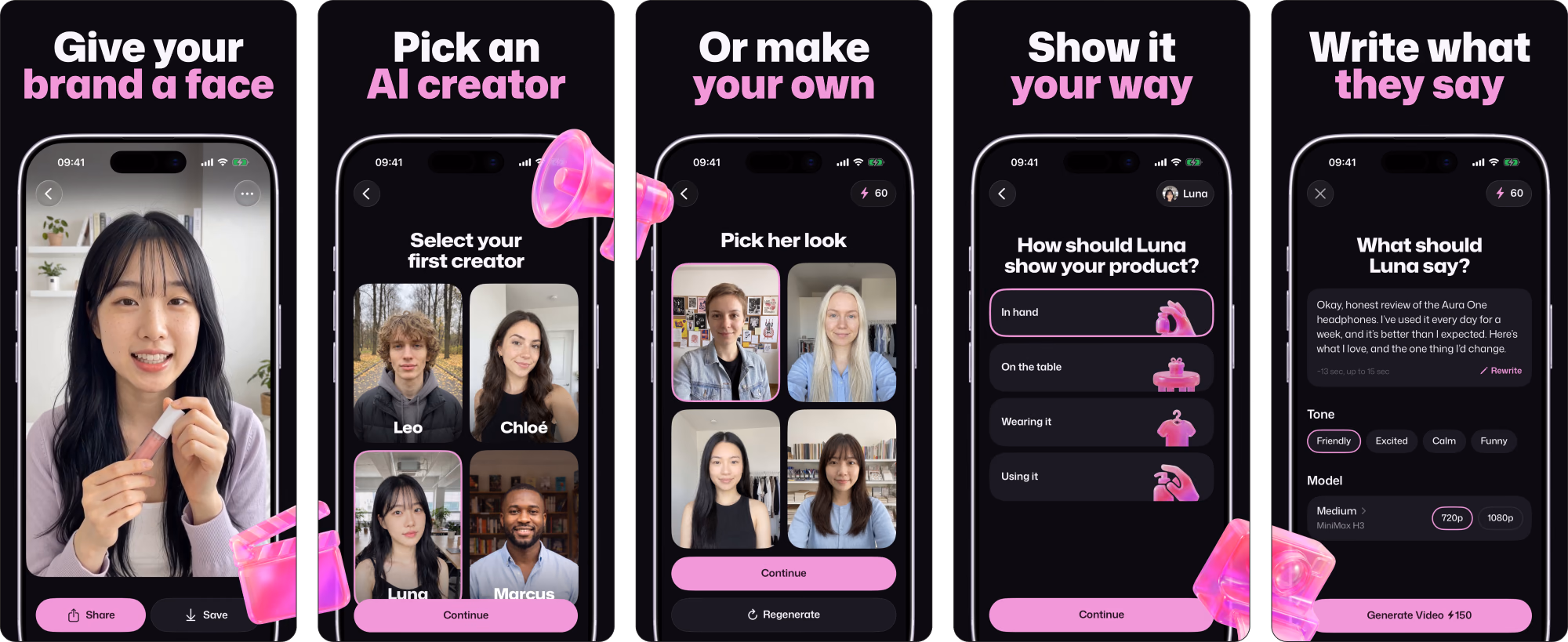 The five App Store screenshots of Setters: give your brand a face, pick an AI creator, or make your own, show it your way, write what they say
